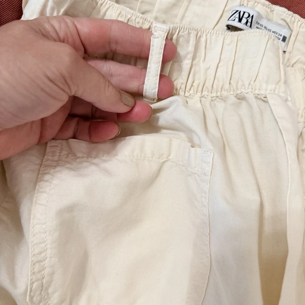 Zara Jogger Pants XS Pull On Linen Blend Belt Loops Casual Cream‎ Pockets Crop